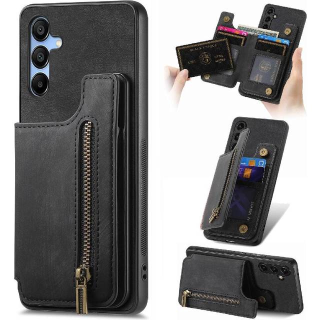 (Black) Case Compatible with Samsung Galaxy A16 Vintage Zipper Wallet Stand Function Foldable Back Cover