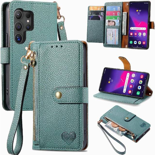(Green) Case for Samsung Galaxy S25 Ultra Love Wallet Zipper Lanyard Leather Case