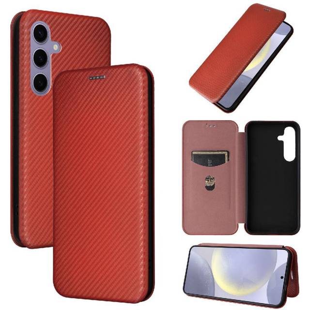 (Brown) Flip Case for Samsung Galaxy S25 Plus Leather Folio Flip Case Full Protection Magnetic Carbon Fiber with Card Holder Kickstand Card Insertion