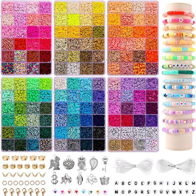 14000 PCS 136 Colors Clay Beads Bracelet Making Kit 6 Boxes Friendship Bracelet Kit Flat Polymer Clay Beads Spacer Heishi Beads for Jewelry Making wit