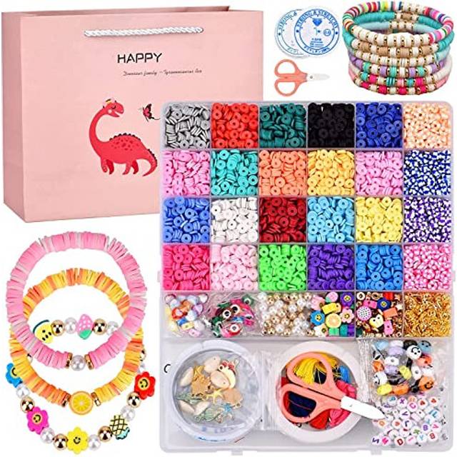 Clay Bead Craft Kit Flat Beads with Alphabet Beads Bracelet Necklace 5360 Flat Round Polymer Clay Spacer Beads for Jewellery Making DIY Kit
