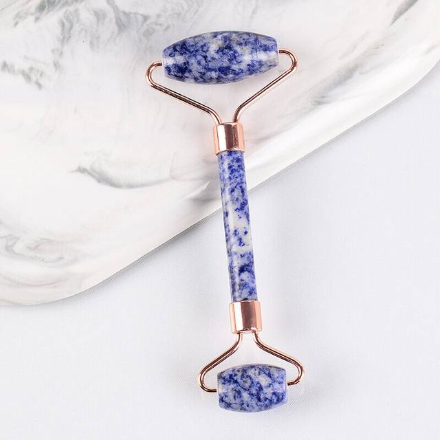 (a-sodalite) Wholesale Facial Massage Roller With Silicone Caps Keep Mute Natural Stone Jade Tool Crystal Slimming Anti Wrinkle Cellulite