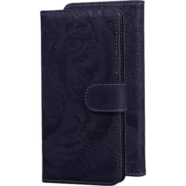 (Black) Flip Case for Motorola Moto E13 Leather Wallet Embossed Cute Tiger Kickstand Protective