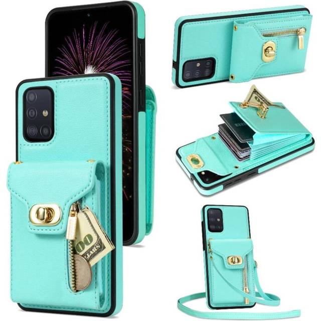(Green) Case for Organ Card Bag Samsung Galaxy A51 4g Wallet Case Crossbody Strap Strong Magnetic Adsorption Card Holder Skin Friendly