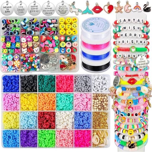 Clay Beads Bracelet Making Kit,Flat Round 6mm Clay Beads for Jewelry Making with Pendant Charms Kit,Art Crafts Gift Sets for Girls Ages 3 4 5 6 7 8 9