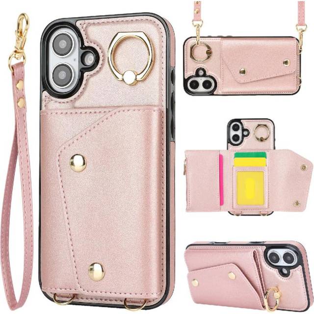 (Pink) Case for iphone 16 Plus Shockproof Long Strap Wallet Card Slot Wristband