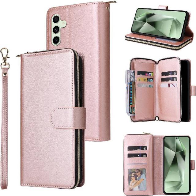 (Pink) Case for Samsung Galaxy S24 Fe Card Holder Flip Cover Zipper Pocket with Hand Strap Wallet Case with 9 Card Slots