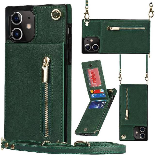 (Green) Case for iphone 12 Holder Zipper Long Strap Shockproof Wallet