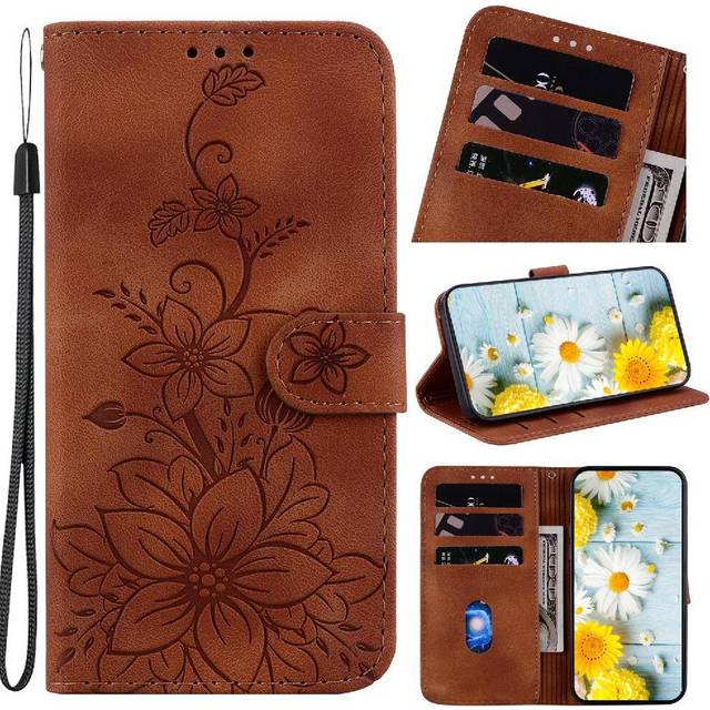 (Brown) Flip Case for Samsung Galaxy A56 Magnetic Card Holder Embossed Lily Wallet Kickstand