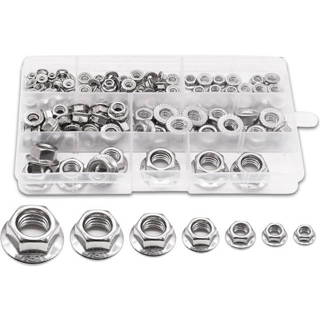 140PCS 304 Stainless Steel Hex Flange Nuts Assortment Kit, 7 Metric Sizes M3 M5 M6 M8 M10 M12 Q-057-BOX