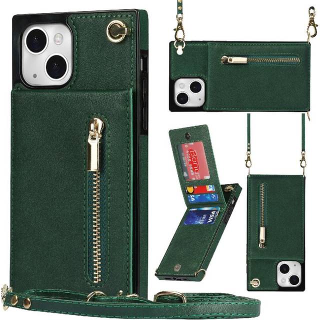 (Green) Case for iphone 14 Long Strap Shockproof Wallet Zipper Holder