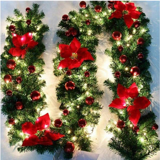 (Red) 9FT Christmas Garland LED Lights Up Xmas Wreath Fireplace Door Decor