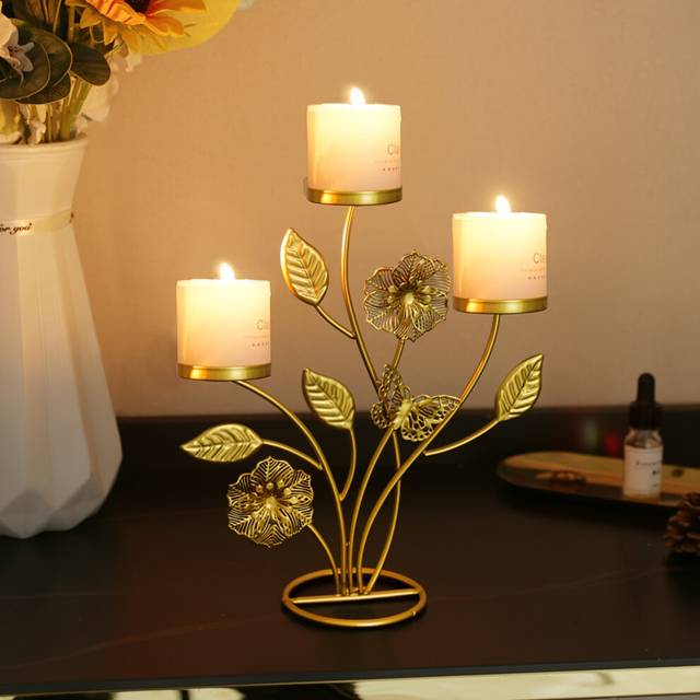 (Golden) Creative Metal Candlestick Holder, Floral Design Tabletop Candle Stand for Home Decor, Dining Table, Restaurant, Hotel, Festive Decorations