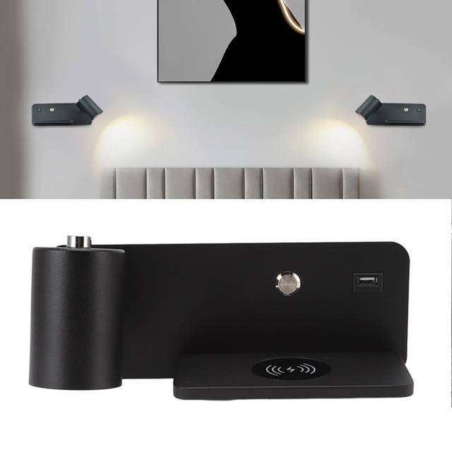 LED Wall Light USB Interface Wireless Charging LED Wall Lamp-Black Left