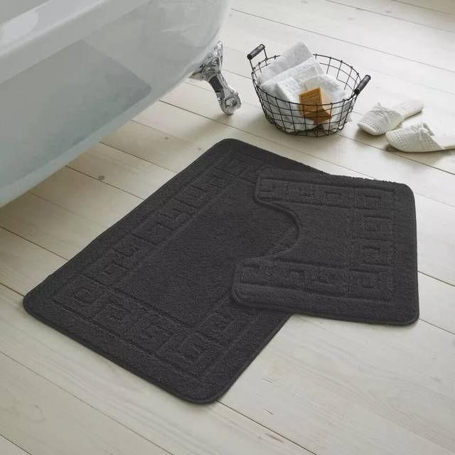(Charcoal) JACQUARD GREEK STYLE BATH MAT PEDESTAL SET NON SLIP TOILET BATHROOM RUGS 2 PIECE