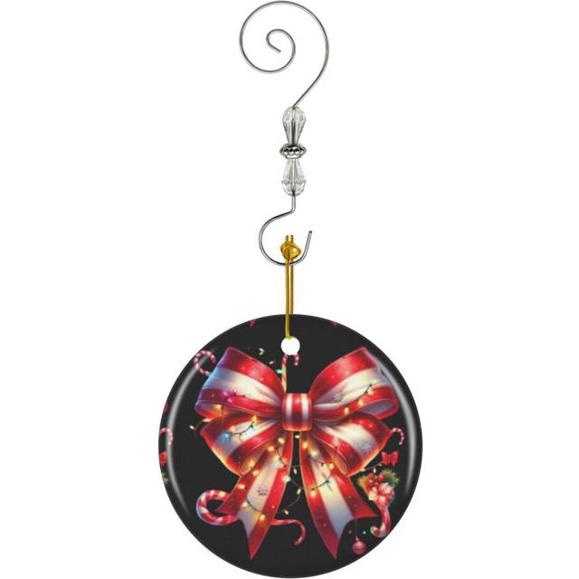 (Coquette Christmas Bow ? Festive Red White Holiday Design Fors, Mugs,s More_2387) Christmas Ornaments Ceramic with Crystal Hook Xmas Handmade Tree De
