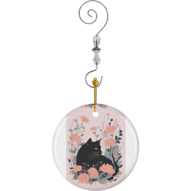 (Pastel Aesthetic Art Black Cat In Autumn Bloom - Fall Vibes Art_7209) Christmas Ornaments Ceramic with Crystal Hook Xmas Handmade Tree Decorations Ke