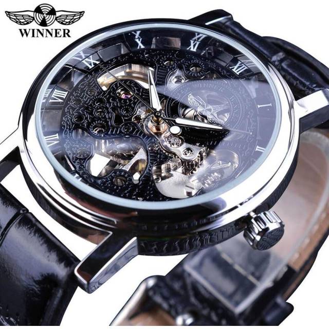 Winner Transparent Fashion Case Luxury Casual Design Leather Strap Mens Watches Top Brand Luxury Mechanical Skeleton Watch