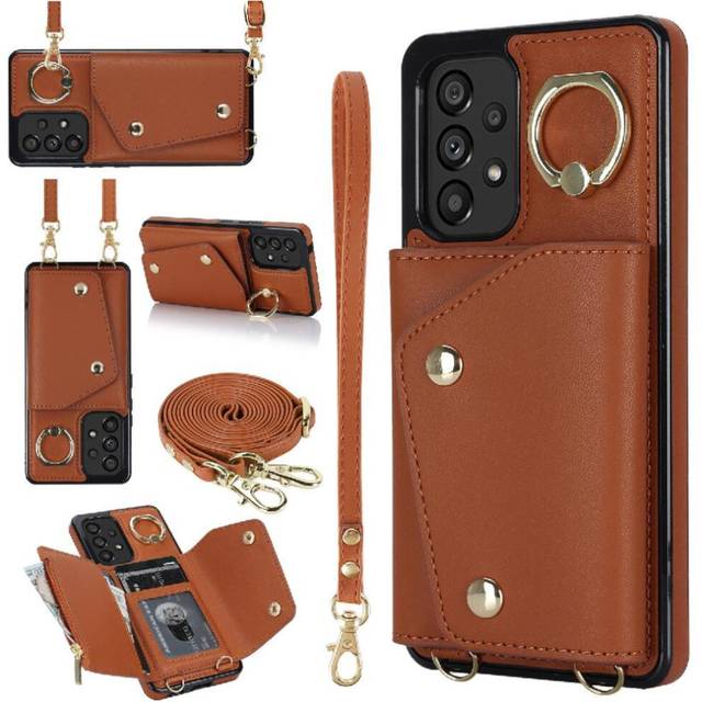 (Brown) Case for Samsung Galaxy A53 Shockproof Wristband Wallet Long Strap Card Slot