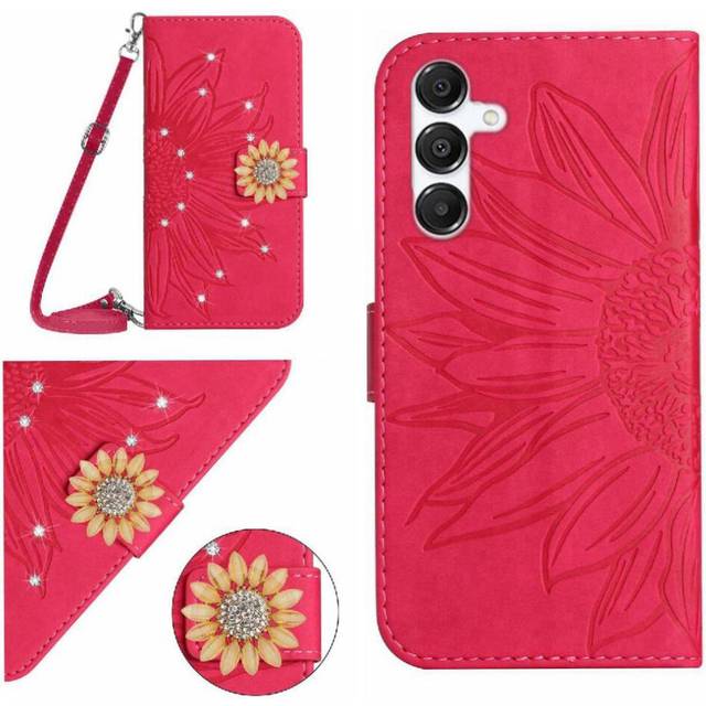 (Rose red ) Flip Case for Samsung Galaxy S24 Fe with Card Slot Stand with A Long Lanyard Kickstand Protective Sunflower Leather Wallet