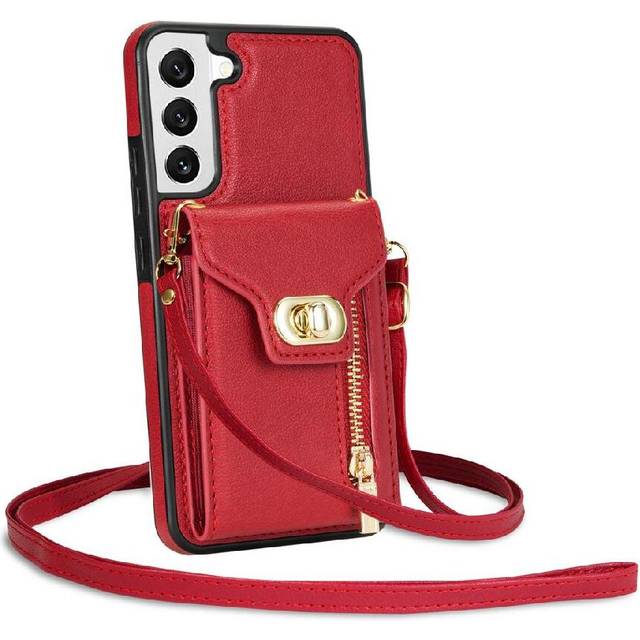(Red) Case for Organ Card Bag Samsung Galaxy S22 Plus 5g Strong Magnetic Adsorption Wallet Case Card Holder Skin Friendly Crossbody Strap