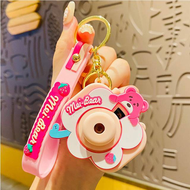 (Pink) Bear Pink Sweet Camera Keychain Trendy Cute Cartoon Bag Charm Ideal For Parties