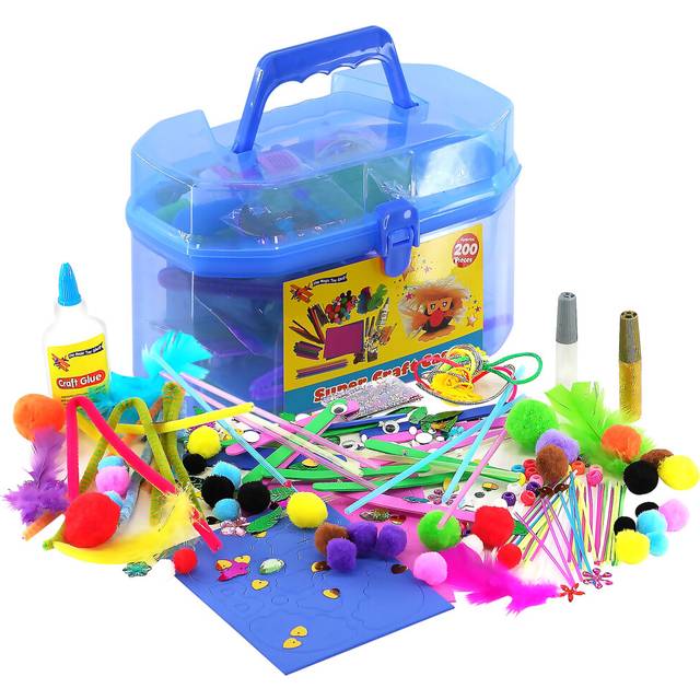 (Blue) The Magic Toy Shop Kids Giant Mega Super Craft Art Carry Case Kids Pom Poms Beads Sequins Foam Glue