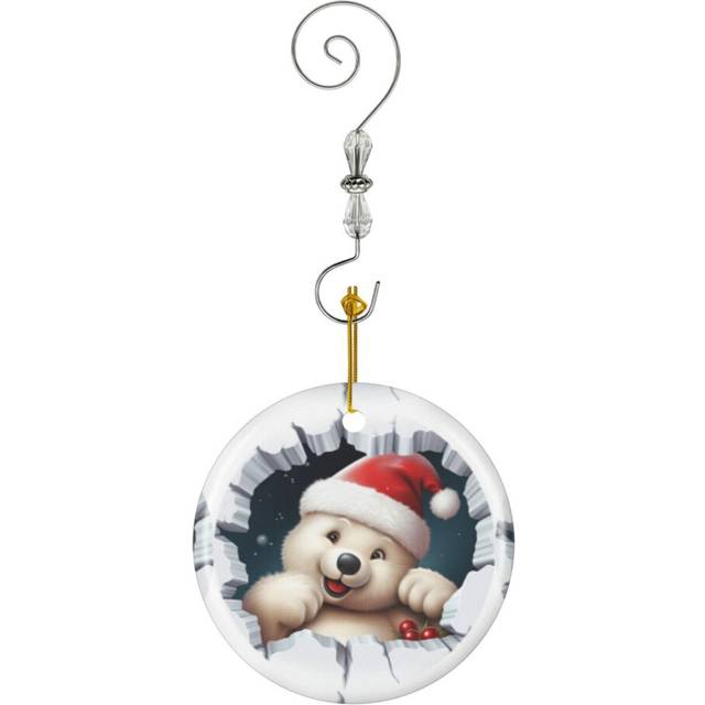 (Festive Polar Bear In Santa Christmas Art_4435) Christmas Ornaments Ceramic with Crystal Hook Xmas Handmade Tree Decorations KeepsakeÂGifts Stocking