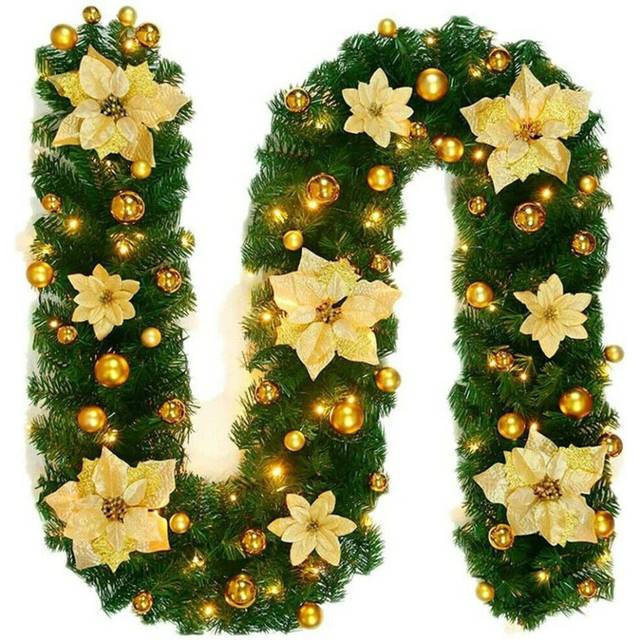 (Gold) (Red) 9FT Christmas Garland LED Lights Up Xmas Wreath Fireplace Door Decor