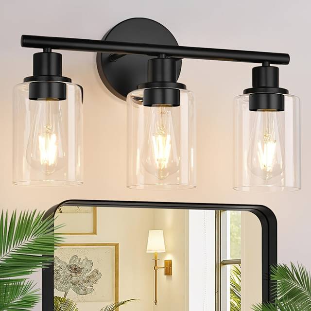 (Black-3Light) Elegant 3-Light Fixture in Brushed Nickel with Clear Glass Shades - Modern Farmhouse Style Wall Lamp