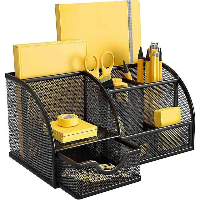 (As show, One size) desk organiser, mesh desk tidy  pen holder with 6 compartments and 1 drawer, stationery organisers for home, office