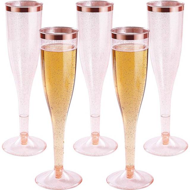 Plastic Champagne Flutes with Rose Gold Glitter & Rim Glasses