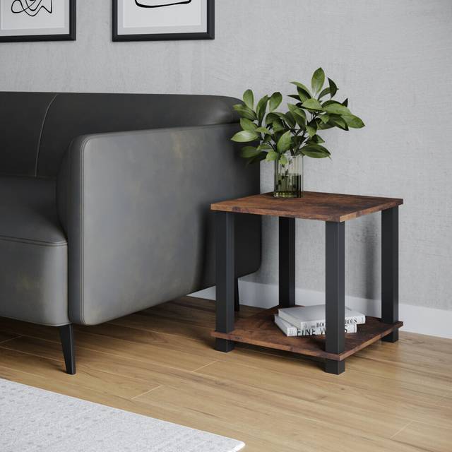 (Rustic Brown & Black) 2 Tier S-Tube End Table Small Wood Bedside Nightstand With Storage Shelf