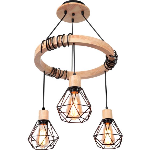 ?40CM Retro Chandelier Wooden Ceiling Light E27 3 Flames, Ring Ceiling Lamp Metal Cage Chandelier for Living Room, Kitchen, Bedroom, Black