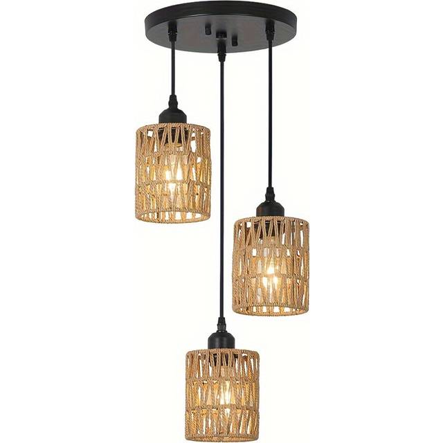 (3-Light) Boho Chic Rattan Pendant Light with Handwoven Wicker Shade - Farmhouse Style Ceiling Chandelier