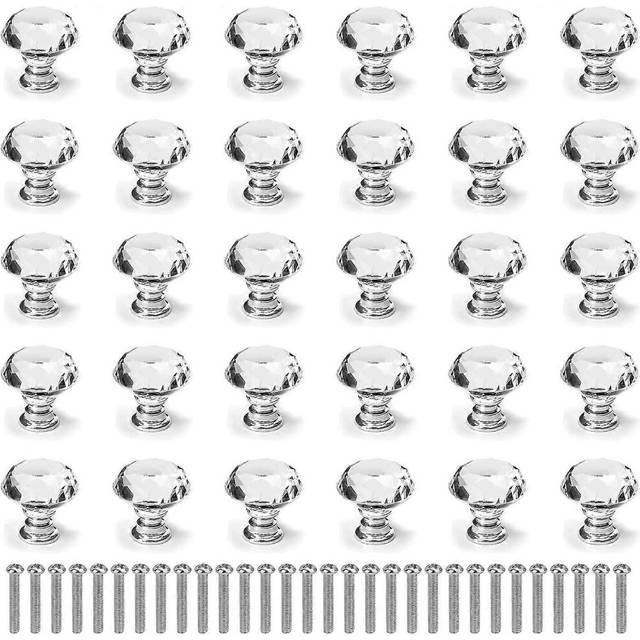 (As show, One size) Set Of 30 Transparent Diamond Crystal Door Knobs 30mm Drawer Pulls With Screws Cabinet Knobs Dresser Knobs Furniture Drawer Cupboa