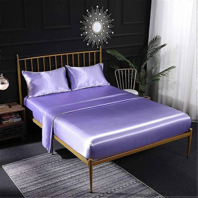 (As show, One size) cream silk satin 3pcs bedding set with fitted sheet,flat sheet,pillowcase,breathable,purple(twin)