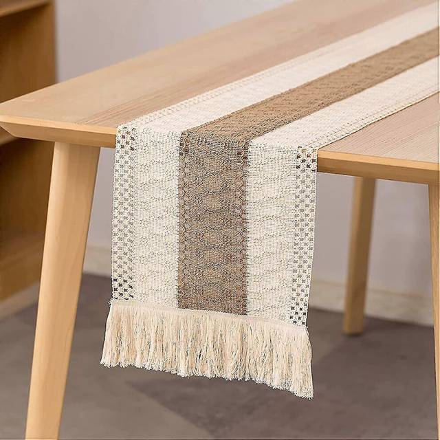 (As show, One size) macrame table runner,dining table runner 180cm natural cotton and linen,bohemian crochet lace tassel