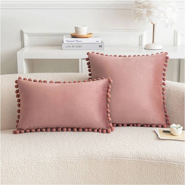 (Crimson) Set of 2 Solid Color Velvet Throw Pillow Cover with Pom Poms, Soft Pillowcases with Zipper Closure, Decorative Cushion Cover for Sofa Chair