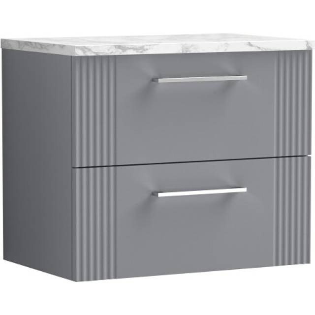 Retro 2 Drawer Wall Hung Vanity Unit with Carrera Marble Laminate Worktop - 600mm - Satin Grey - Balterley