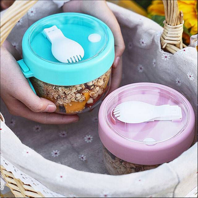 Overnight Oat Containers with Lid and Spoons 2PCS, 20Oz Portable Plastic Yogurt Jars,Leak-Proof Dessert Cups White&Green