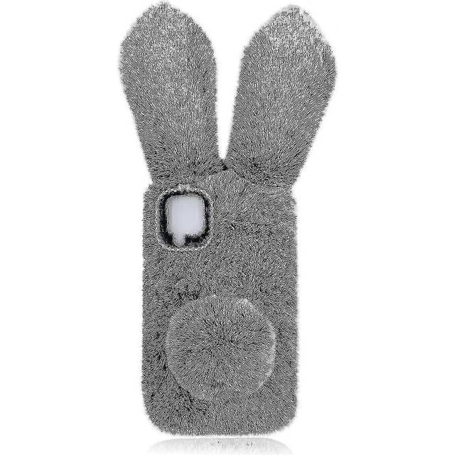 (Samsung GalaXy S21 5G, Dark Grey) Furry Phone Shell Bunny Ear Plush Cellphone Case Compale With S21 Plus 5g