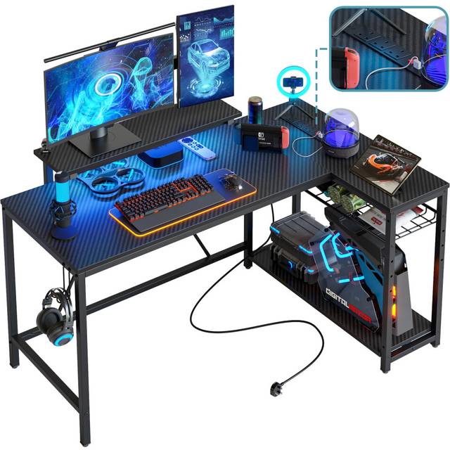 Bestier L Shaped Desk with Power Outlets & LED Lights Reversible 132CM Corner Desk with Shelves Larger PC Workstation with Hooks for Home Office