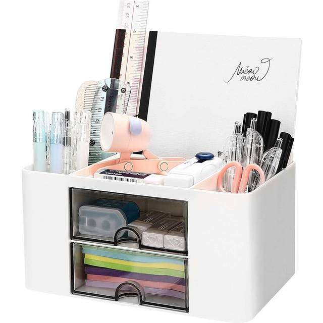 Desk Organizer with Drawers, Multi-Function Desktop Organizer with 5 Plastic Compartments and Transparent Drawers for Pens, Office, Home, School