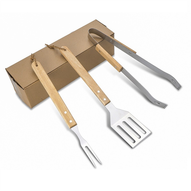 Wooden Handle Shovel Fork Outdoor Barbecue Tools BBQ Barbecue Set Grill Household Barbecue Clip , 3PCS