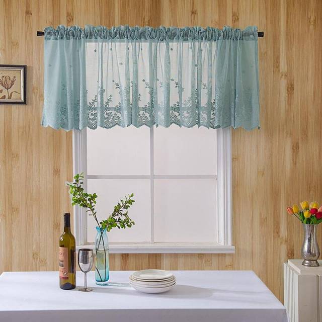 (blue, 75*90CM) Bedroom Lace Short Small Window Curtain Rod Pocket Cafe Curtains Sheer Window Curtain