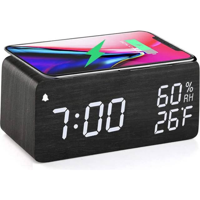 Wooden Digital Alarm Clock, LED Alarm Clock with Temperature Desk Clocks for Office, Bedside Clock Black