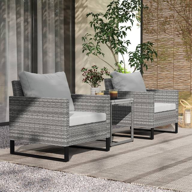 Outsunny 3PCS Rattan Bistro Set Glass Top Table and Chairs with 4 Cushions Grey