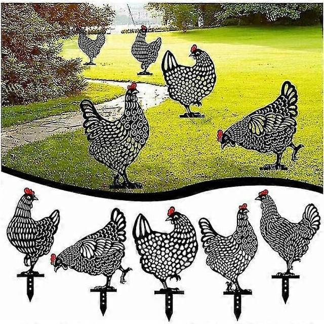(As show, One size) 5pcs Garden Hen, Chicken Farm Art Garden Lawn Floor Decoration, Animal Silhouette Garden Metal Rods