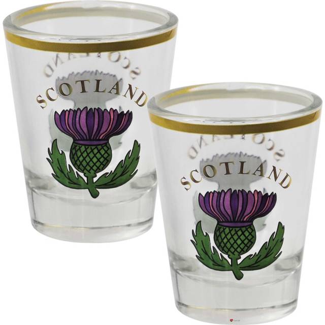 (Thistle) Set of 2 Double Shot Glasses 50ml Scottish Designs - Thistle Piper Nessie Tartan